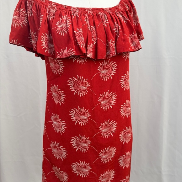 Madewell 100% Silk Red Palm Print Off Shoulder Dress Medium - Picture 4 of 10